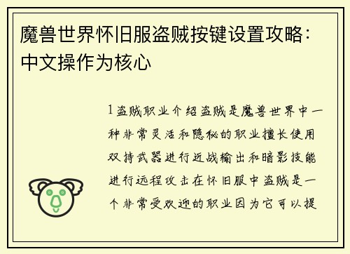 魔兽世界怀旧服盗贼按键设置攻略：中文操作为核心