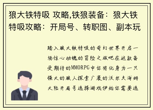 狼大铁特吸 攻略,铁狼装备：狼大铁特吸攻略：开局号、转职图、副本玩法深度解析